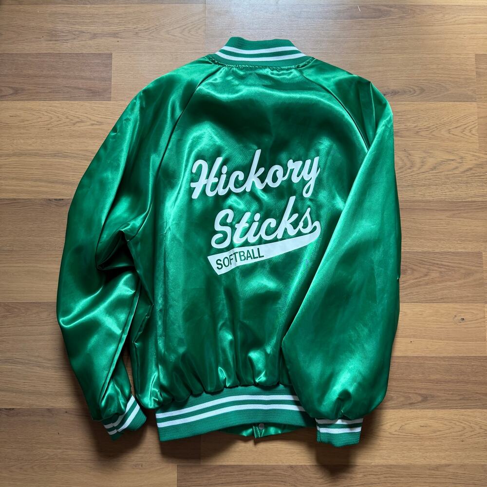 Vintage 90's Auburn Hickory Sticks Softball Green Snap Satin Bomber Jacket Sz XL